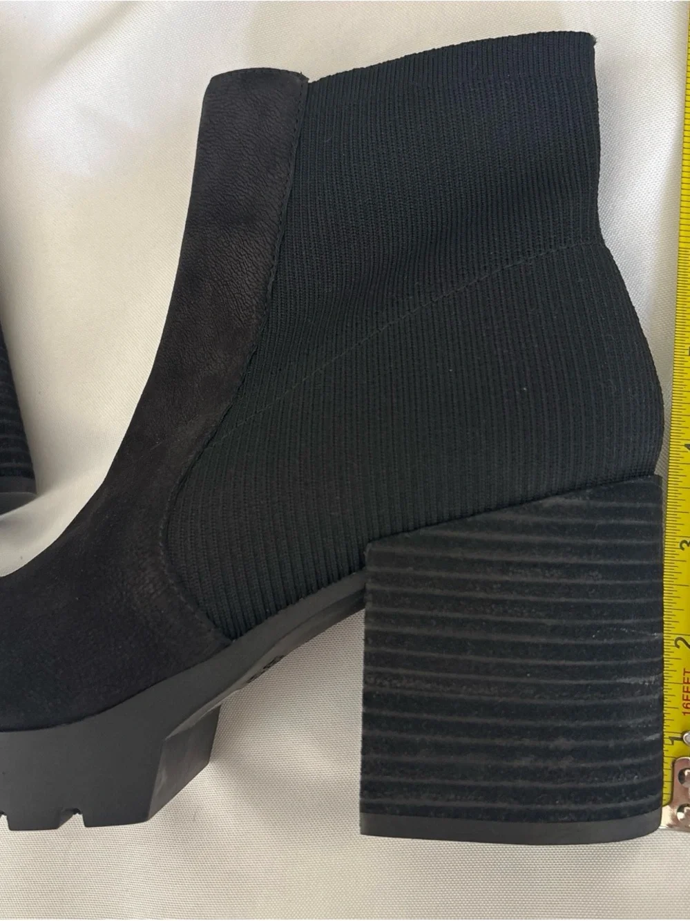 Eileen Fisher Black Stretch Suede Ankle Booties with Block Heel and Lug Sole